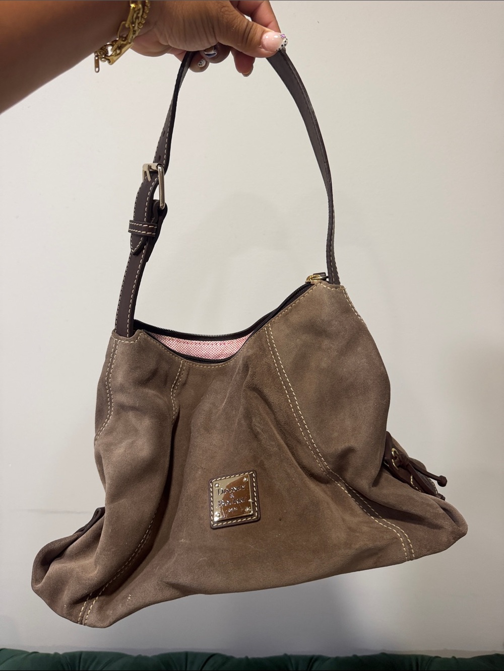 Dooney & Bourke Taupe Suede Shoulder Bag with Pink Lining